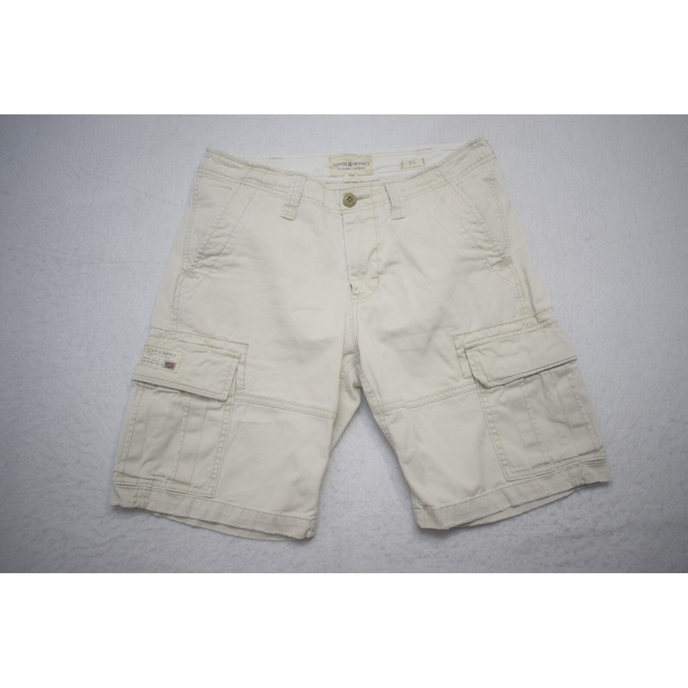 VTG Denim & Supply Ralph Lauren Cargo Shorts Beige Loose Flat Mens Size 30 x 10"